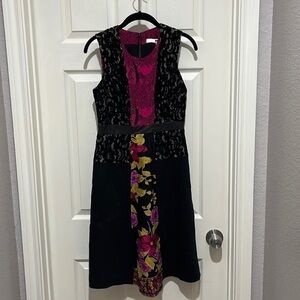 Tracy Reese Mixed Media Stretch A Line Black Pink Floral Dress Size 4